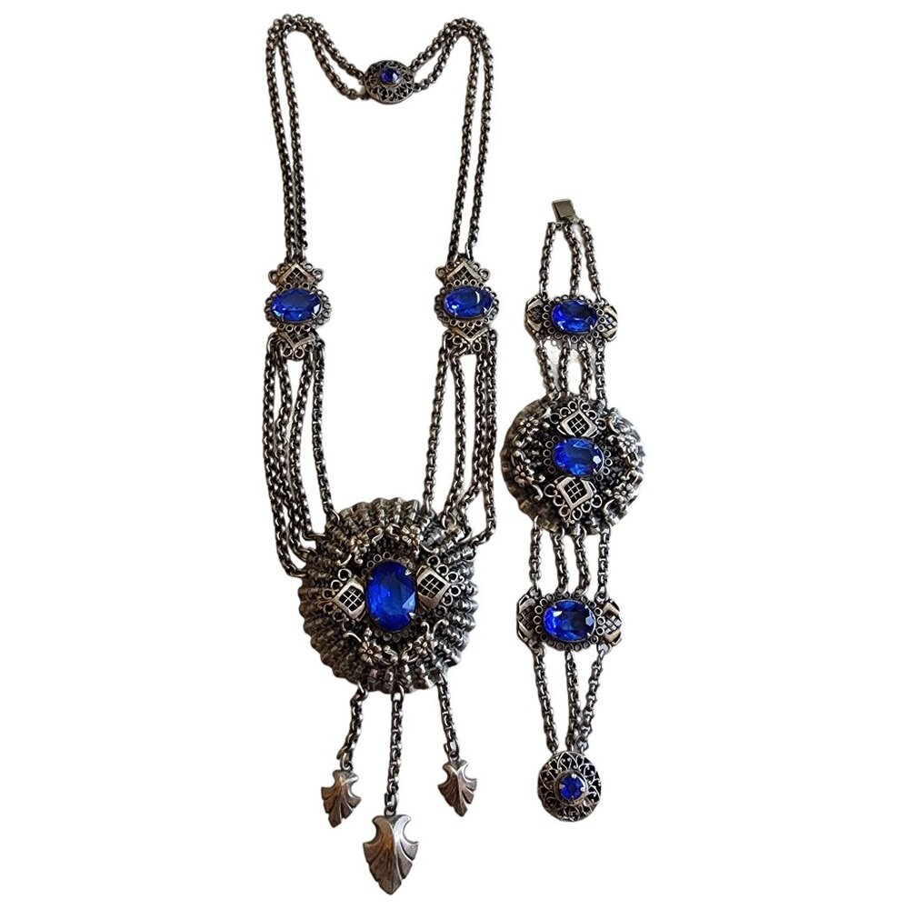 Antique Czech Glass Festoon Style Dangle Necklace & Matching Bracelet Set